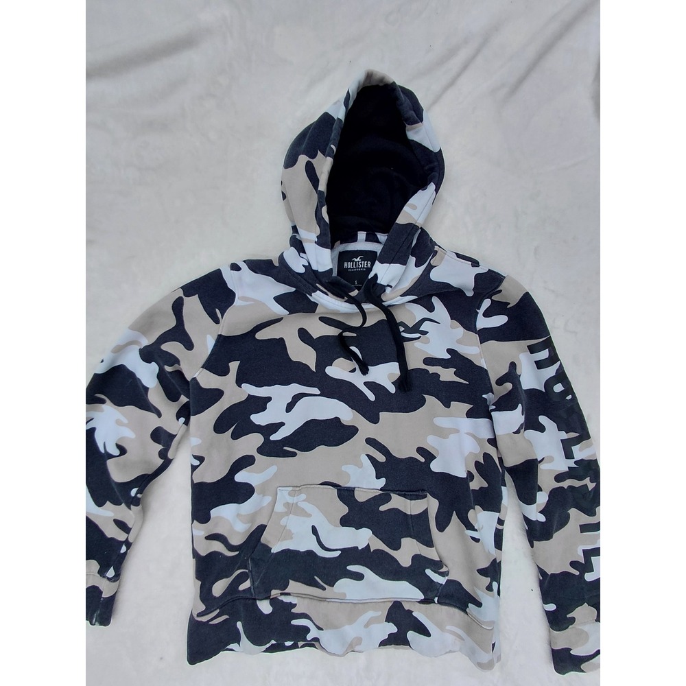 Hollister Womens Camo Pullover Hoodie Black Grey White Logo Sweatshirt Small